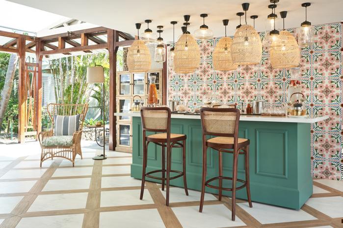 Paradise Cove tea room with ornate tiling and floating island with two seats