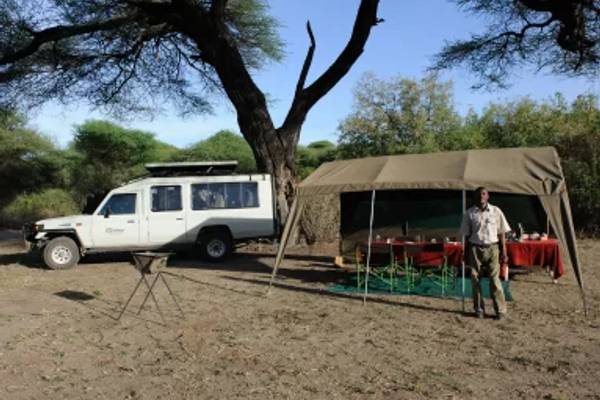 Male ranger standing in front of dining tent under a tree with game driving car parked beside