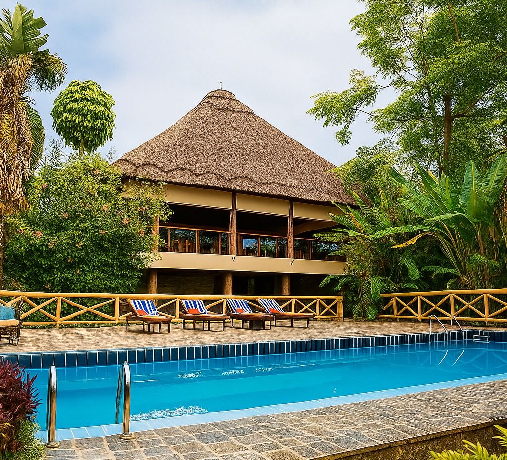 Thatched double story building with pool