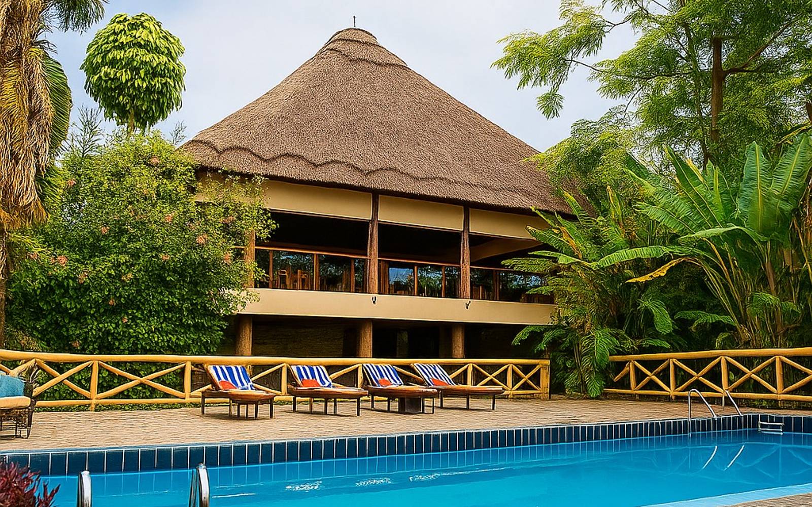 Thatched double story building with pool