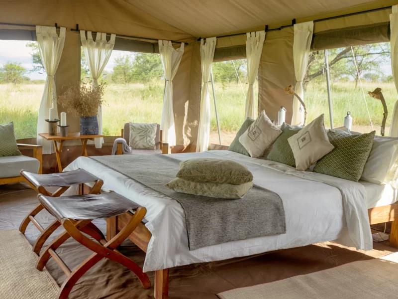 Double bed interior of luxury tent