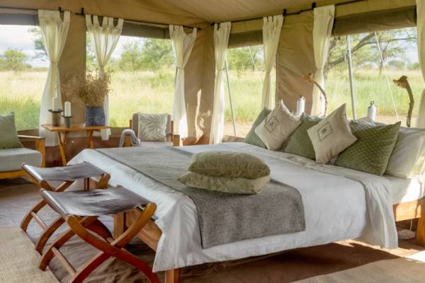 Double bed interior of luxury tent