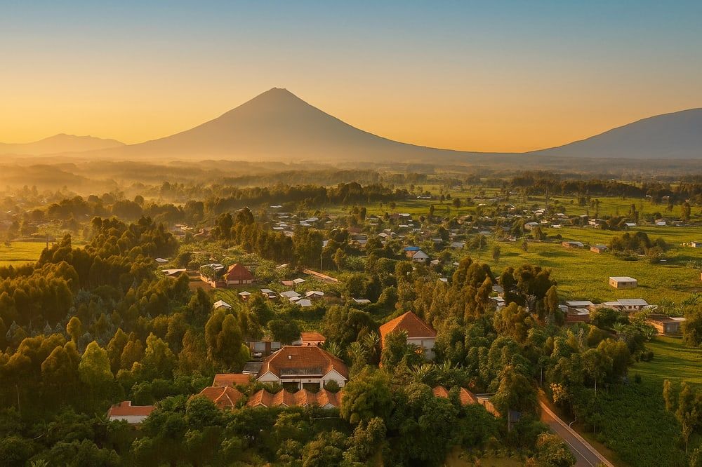 Aerial view of Five Volcanoes Hotel surrounded by green landscape and volcano in the background