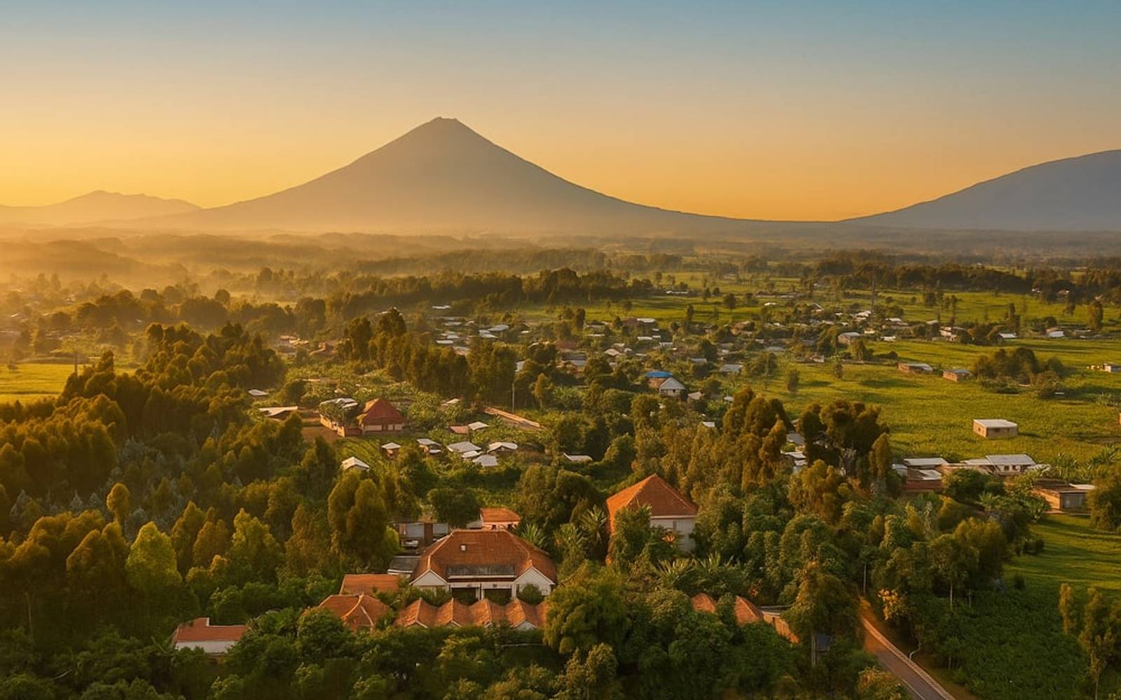 Aerial view of Five Volcanoes Hotel surrounded by green landscape and volcano in the background