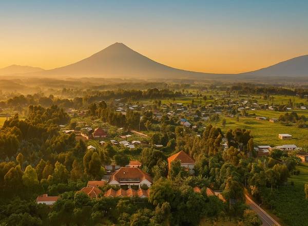 Aerial view of Five Volcanoes Hotel surrounded by green landscape and volcano in the background
