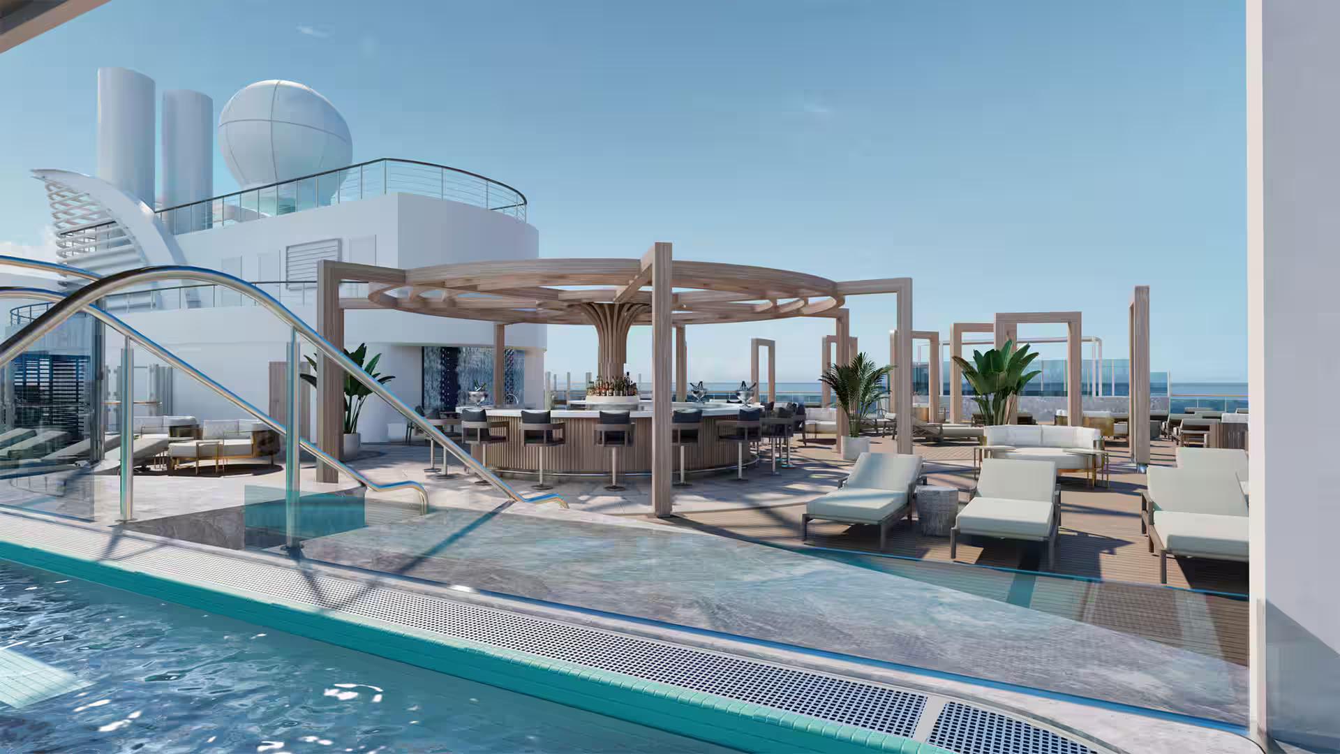 Luxury cruise ship top deck with pool and outdoor bar