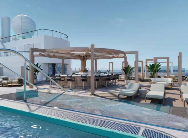 Luxury cruise ship top deck with pool and outdoor bar