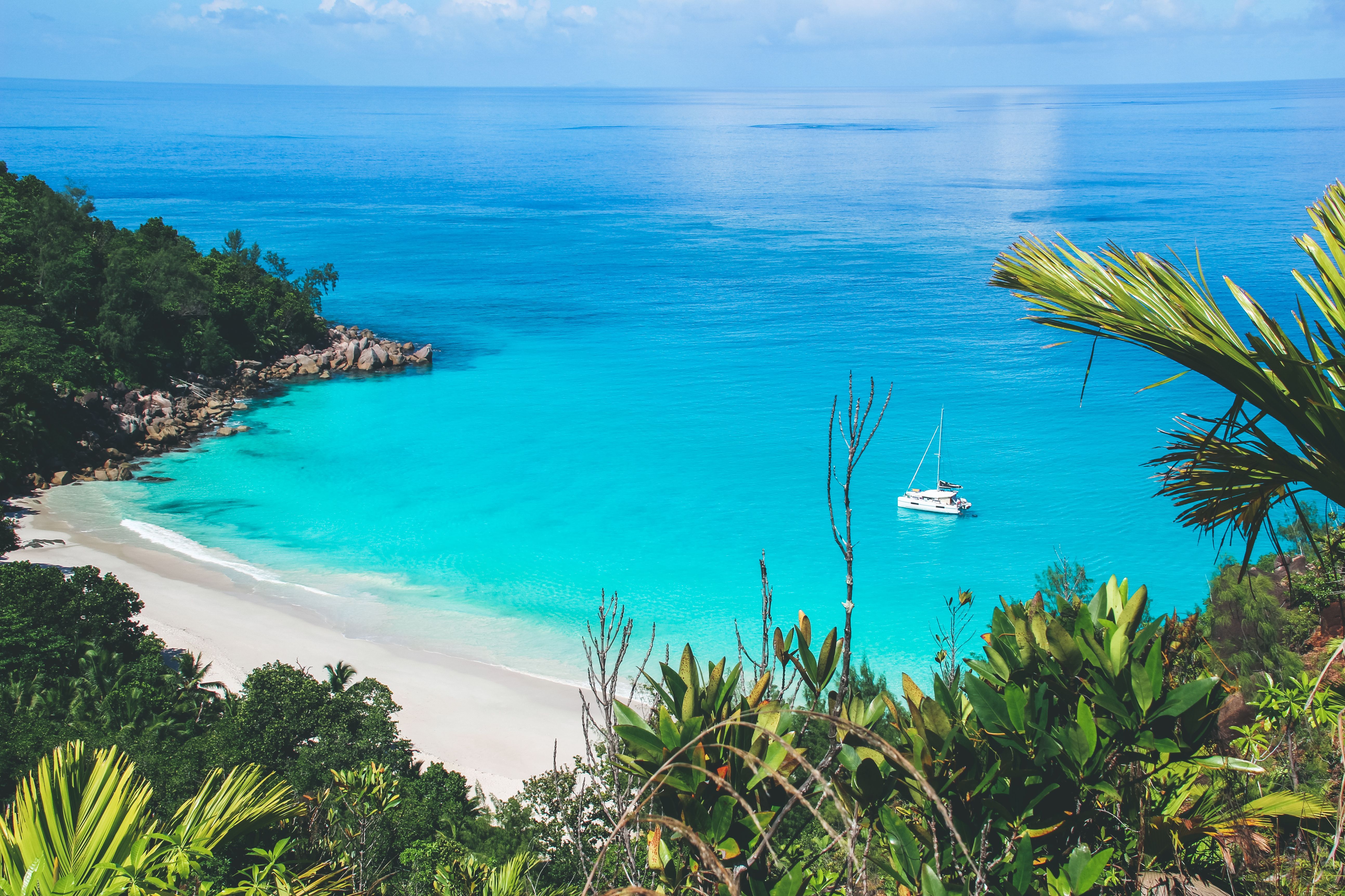 Stunning tropical beach in Seychelles with crystal-clear turquoise water and lush greenery