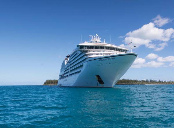 A view of the luxury cruise ship Seabourn Encore from the sea
