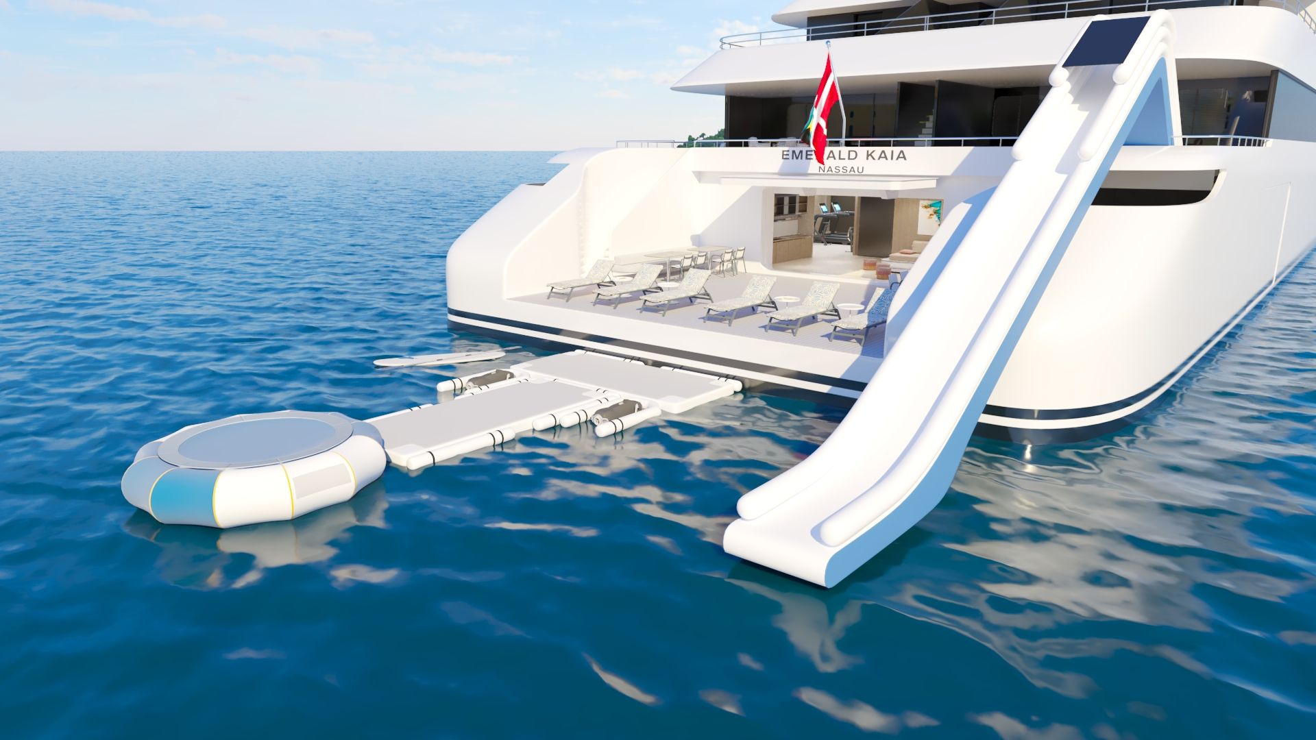 Marina deck with water slide on the Emerald Kaia