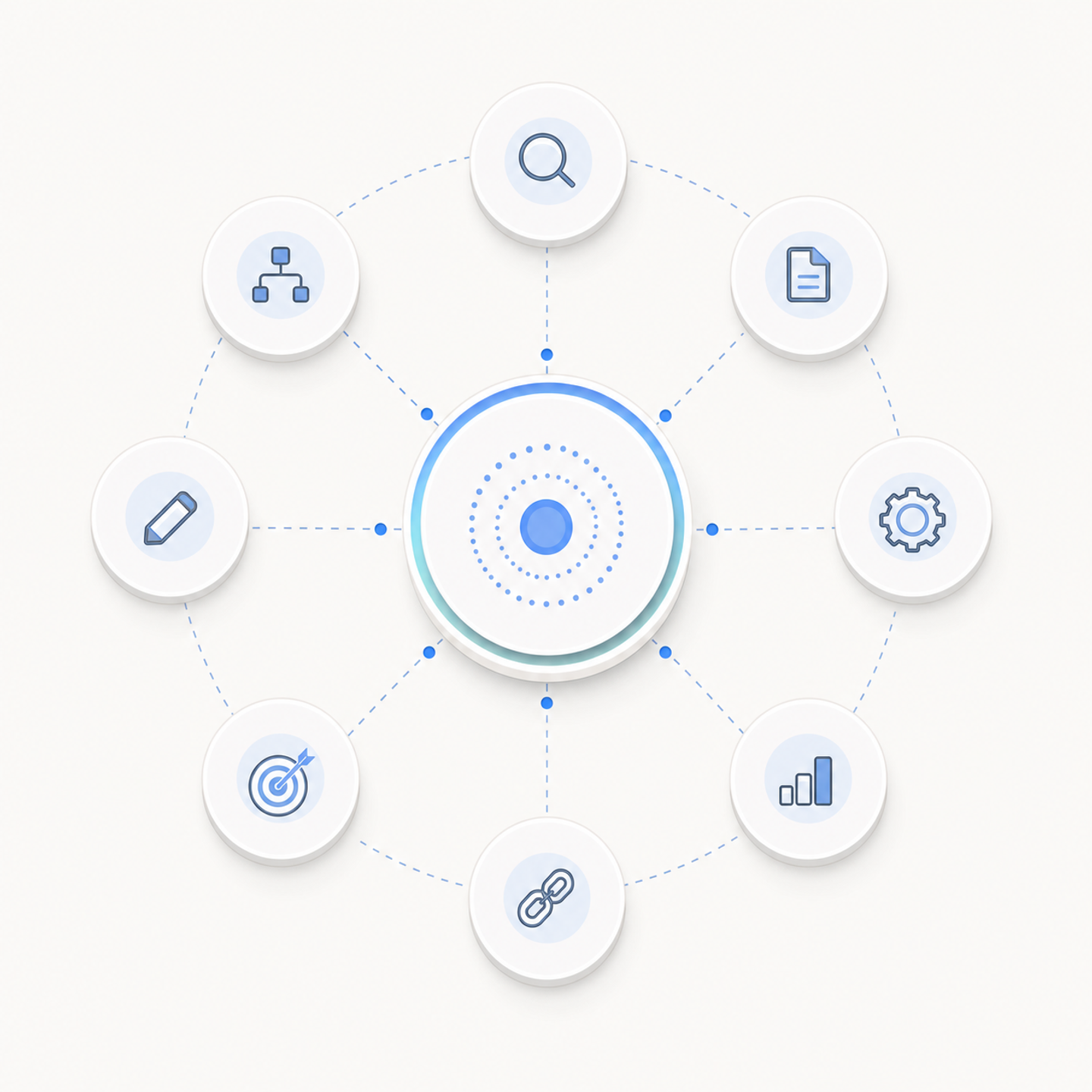 A clean, modern diagram showing hub-and-spoke architecture for SEO content. Central hub node in the middle connected to multiple spoke nodes arranged in a circle around it. The hub is larger and emphasized, with lines radiating outward to smaller spoke nodes. The spokes also have thin connecting lines between adjacent siblings. Modern, minimal design with a professional tech aesthetic using blues and grays. Isometric or flat design style, no text or labels.