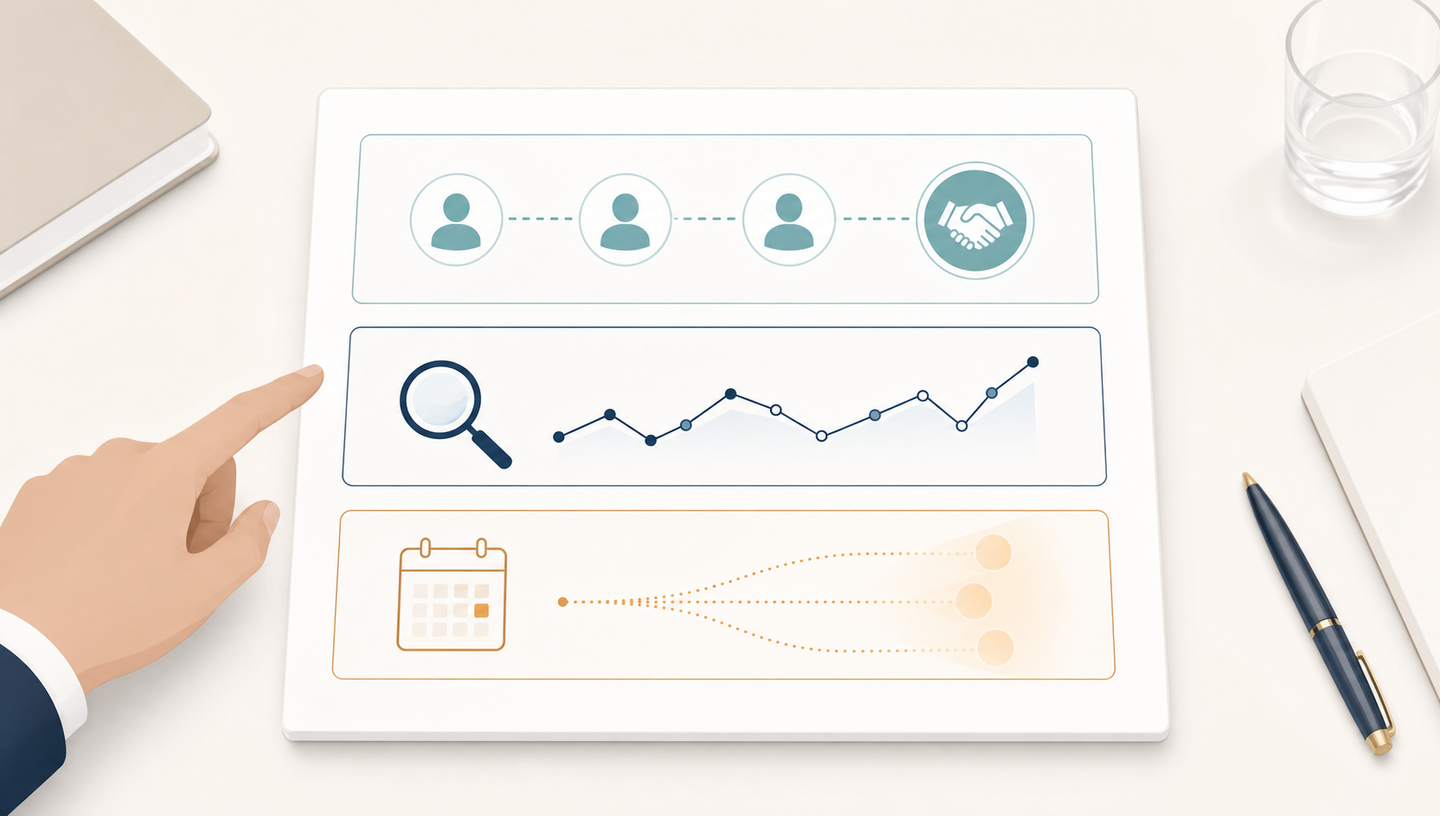 Create a text-free editorial illustration for a B2B SEO article section about building a board-ready dashboard that separates business outcomes, leading progress signals, and forward-looking forecasts. Wide landscape composition, off-white background, restrained navy, teal, and muted amber palette, precise flat vector style with subtle depth and generous negative space. Show a single report sheet resting on a boardroom table with three clearly separated horizontal visual panels. Top panel: a small opportunity pipeline of connected contact silhouettes and a handshake icon, representing business outcomes. Middle panel: a magnifying glass beside a small fluctuating sparkline, representing search visibility progress rather than money earned. Bottom panel: an outlined calendar icon beside a dotted branching path fading into translucent amber shapes, representing uncertain future forecasts. Keep the three panels visually distinct, solid marks for recorded activity and dotted translucent marks for projections. A subtle hand points toward the report to evoke an evidence-based budget discussion. Conceptual illustration, not an actual software screenshot or numerical chart. No text, words, letters, numbers, labels, captions, logos, currency signs, watermarks, or simulated writing anywhere.