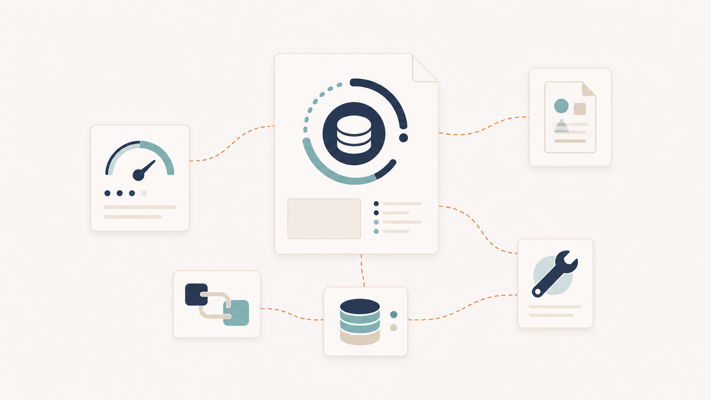 Create a clean, professional editorial illustration explaining a focused SEO topic cluster for a startup. Landscape composition with one large central guide represented by a document-shaped tile connected to five smaller supporting page tiles by clear curved paths, with a few connections between related supporting tiles. Use purely pictorial icons: a usage meter, invoice with geometric shapes only, wrench, stacked database disks, and interlocking connectors to evoke usage-based billing implementation, metering troubleshooting, invoice disputes, and integrations. Make the central hub and coherent interconnected cluster visually obvious. Restrained navy, teal, and warm neutral palette, crisp vector-style geometry, subtle depth, generous whitespace, credible technical publication aesthetic. No text, words, letters, numbers, labels, logos, watermarks, or pseudo-writing anywhere in the image.