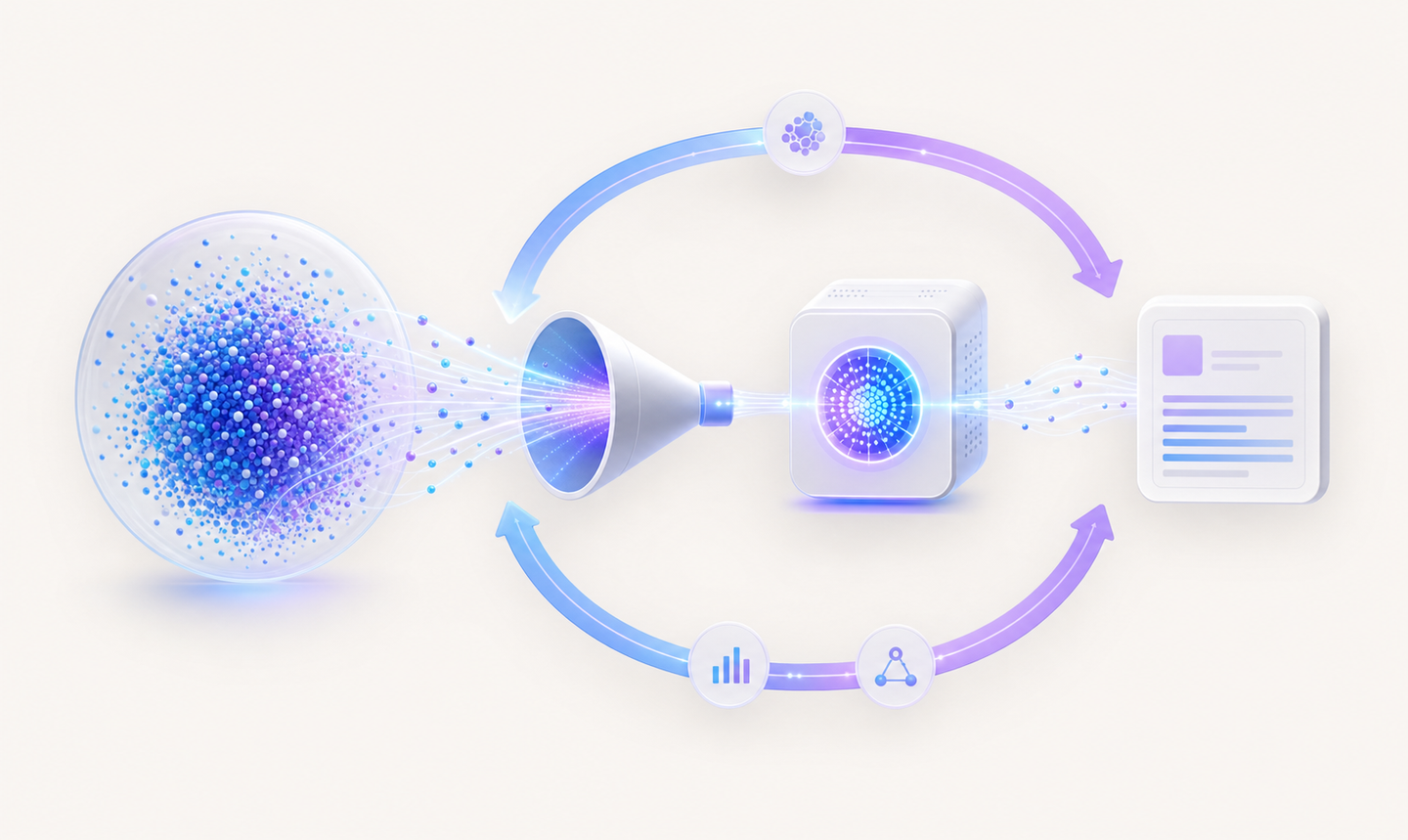 A clean, modern conceptual diagram showing the AI content creation workflow cycle. Abstract geometric shapes representing data flowing through stages: a large sphere of training data particles, a funnel or input node representing the prompt stage, and a circular arrow loop showing iteration and refinement. Use a professional blue and purple gradient color scheme with glowing connections between elements. Minimalist, technical illustration style with depth and dimension.
