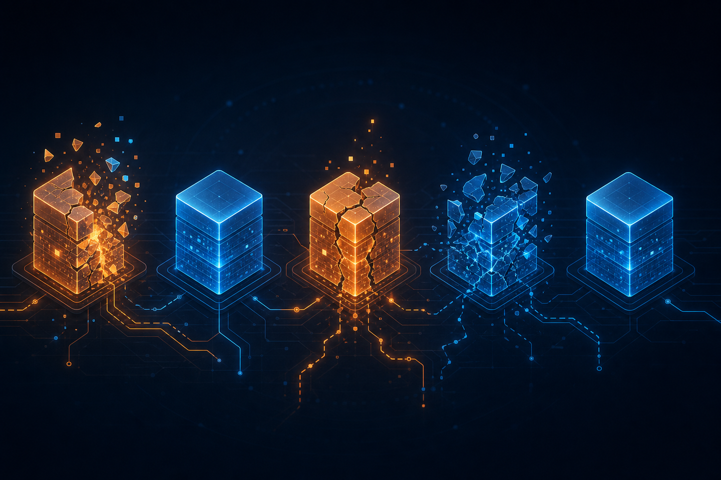 An abstract digital illustration showing five glowing data schema blocks arranged in a vulnerability spectrum, with some blocks cracking and fragmenting while others remain solid and stable. The fragmented blocks emit scattered data particles and broken connection lines, representing structured data falling out of sync with live content. Cool blue and amber tones with a dark technical background, clean geometric shapes, circuit-like pathways, no text or labels anywhere in the image.