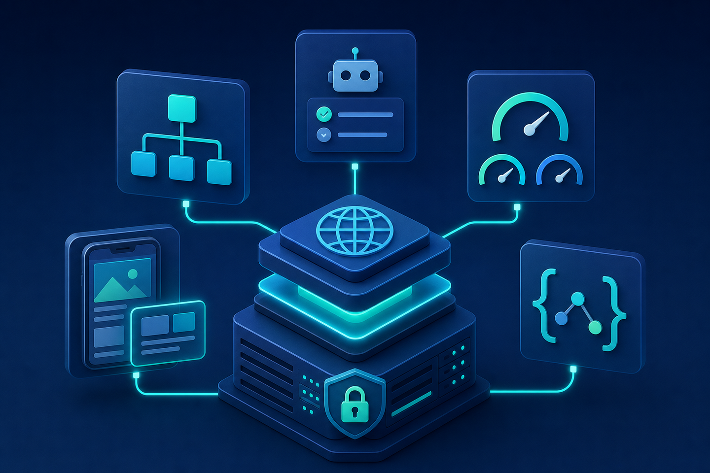 A clean isometric illustration of a website infrastructure foundation, showing layered building blocks representing technical SEO elements: a server with SSL lock icon at the base, connected nodes showing sitemap and robots configuration, Core Web Vitals speed gauges, mobile device with responsive layout, and structured data schema brackets — all connected by glowing lines in a dark blue and teal color scheme, no text or labels