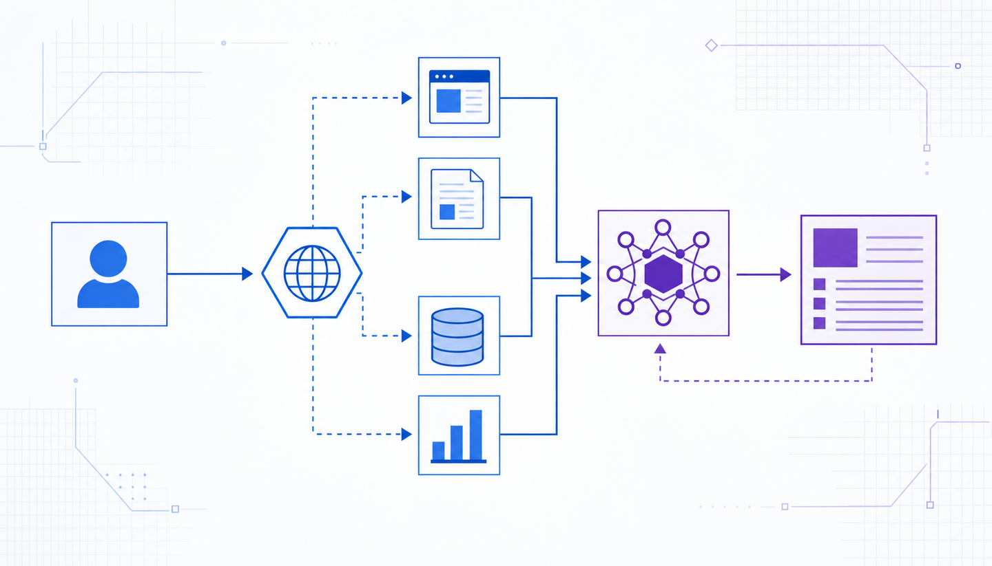 A modern technical diagram showing the retrieval augmented generation process flow: a user query entering a system, branching to a web search retrieval step that gathers live data from multiple sources, then feeding into an AI language model that generates a synthesized answer with citations. Use clean lines, abstract geometric shapes, flowing arrows showing data movement, and a professional blue and purple color scheme. No text or letters in the image.