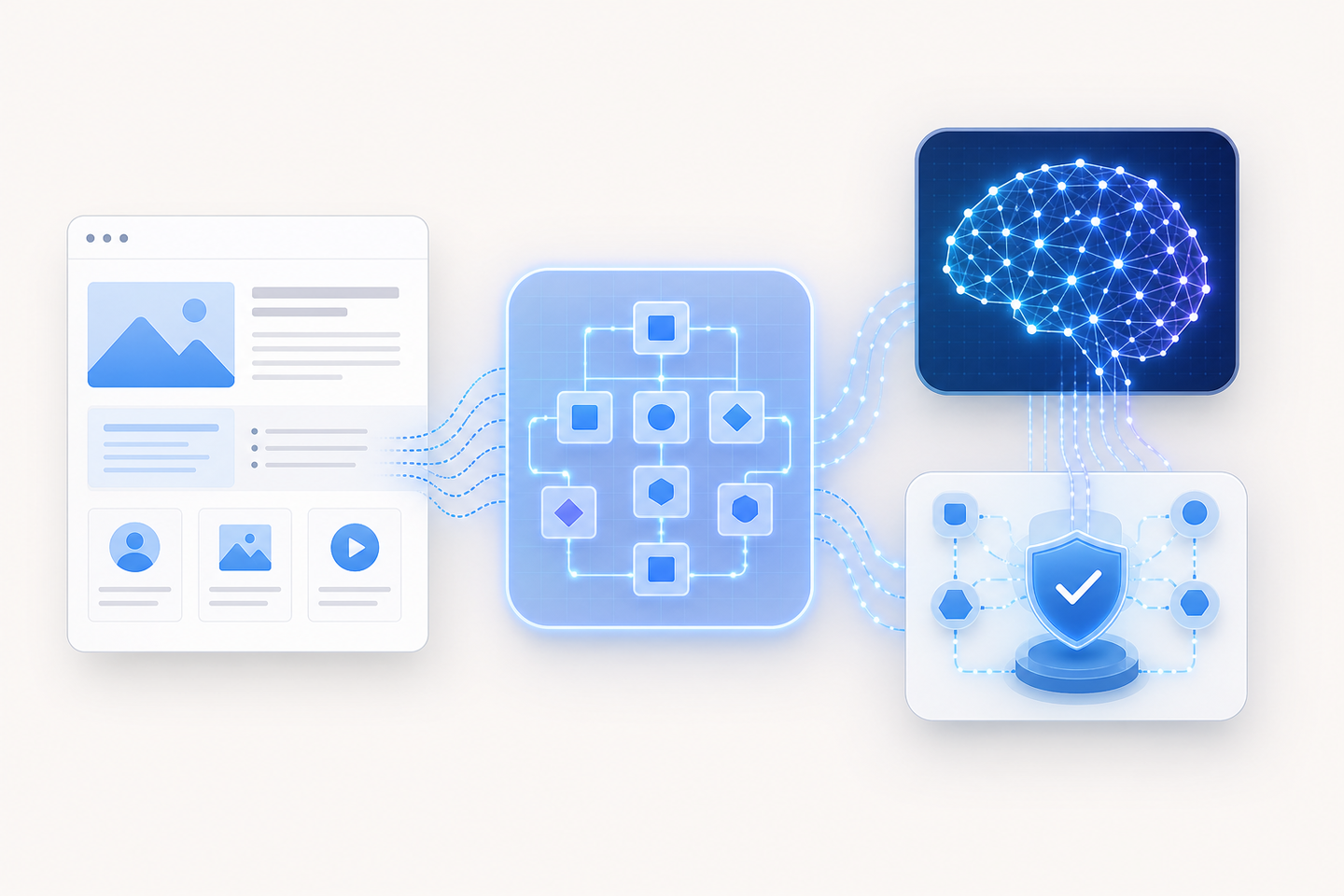 An abstract digital illustration showing a web page connected to a glowing structured data schema, with AI search engine neural network nodes evaluating and verifying signals. Data flows from the page into a trust verification system represented by interconnected geometric shapes and circuit-like pathways. Cool blue and indigo tones, clean and technical aesthetic, no text or labels anywhere in the image.