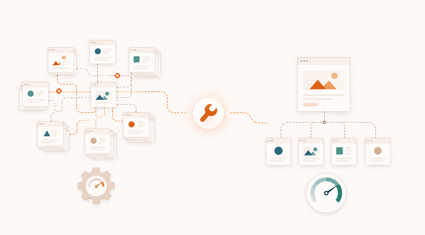 Create a professional text-free editorial illustration for a blog section about technical SEO cleanup helping small startup websites compete. Landscape composition, restrained navy, teal, warm neutral palette, crisp vector geometry with subtle depth and generous whitespace. Show a visual transformation from a tangled website architecture on the left, with overlapping duplicate page tiles, broken connecting paths and a sluggish mechanical gear, through a central wrench, into a compact orderly website on the right with clean reachable page tiles, converging paths to one preferred page, and a simple speedometer icon. Use only geometric shapes and pictorial icons on the pages, no imitation writing. Emphasize fixing duplicate pages, internal navigation, and page speed, not guaranteed rankings or revenue. No text, words, letters, numbers, captions, labels, logos, or watermarks anywhere.