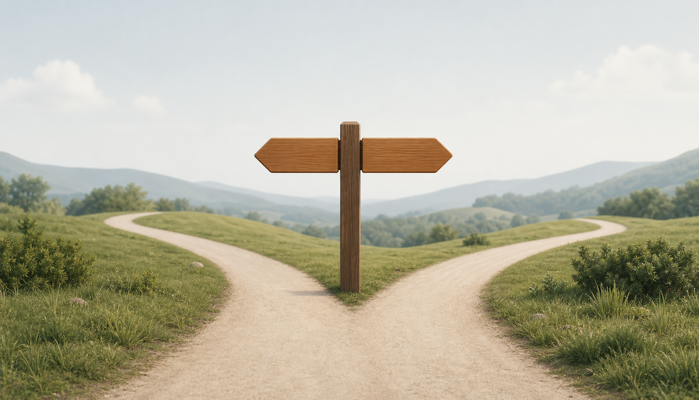 Two identical signposts pointing in opposite directions on a forked road, each with the same color and design, representing duplication and competition, soft natural lighting, minimalist landscape background with muted greens and blues, clean editorial illustration style, no text or labels