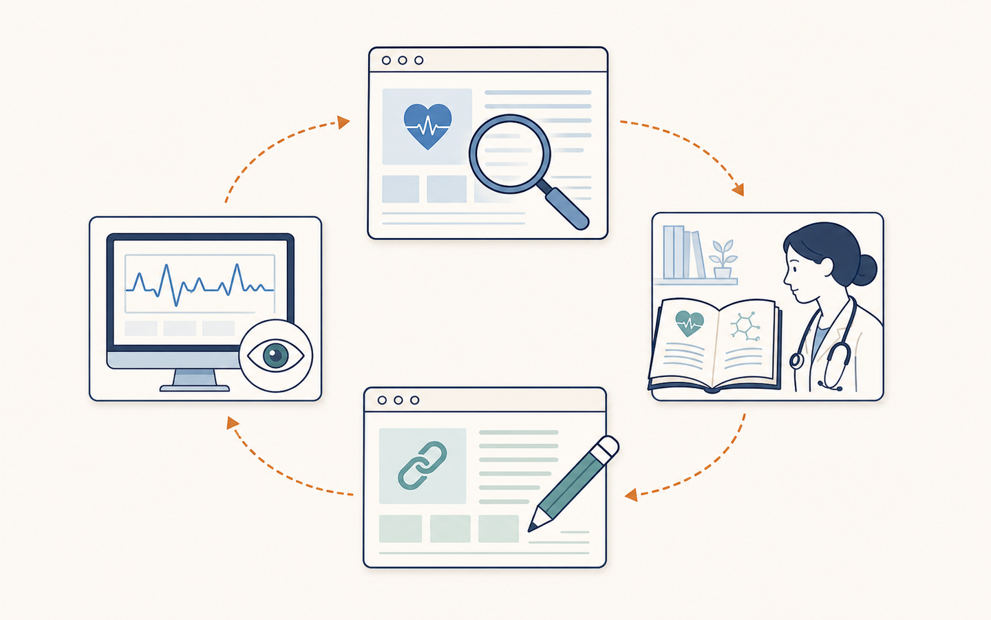 Create a clean editorial vector illustration of a recurring healthcare website content review cycle. Wide landscape composition, ivory background, navy outlines, muted teal and blue accents, ample white space and consistent line weights. Arrange four pictorial scenes in a clockwise loop connected by clear curved arrows: a magnifying glass inspecting a webpage with a heart pictogram; a clinician with a stethoscope reviewing an open reference book; a pencil updating a webpage with a linked-chain pictogram; a desktop monitor with a pulse-like monitoring curve and an eye pictogram. The cycle conveys auditing health content, clinical source review, correcting pages, and monitoring again, without implying guaranteed ranking gains. Professional, measured, minimalist flat illustration matching a healthcare SEO article. Entirely pictorial: no text, words, letters, numbers, labels, captions, logos, watermarks, or simulated writing.