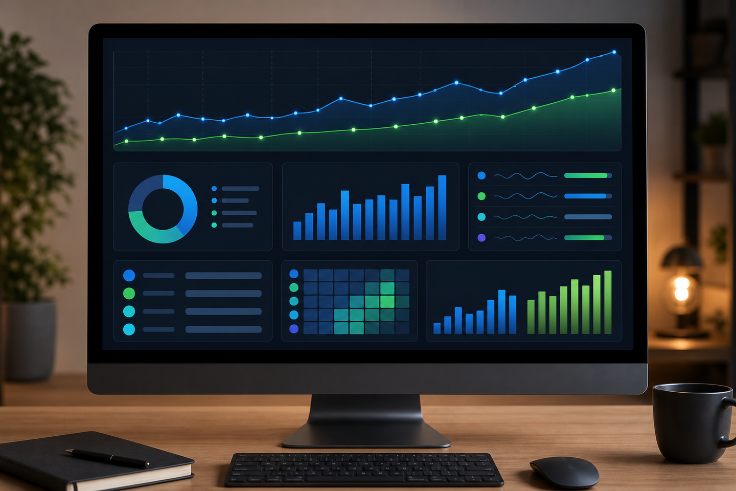 A clean, modern analytics dashboard displayed on a computer monitor, showing colorful bar charts and line graphs representing search query performance data, with position rankings and traffic metrics visualized as glowing data points and trend lines, dark background with vibrant blue and green accent colors, professional workspace setting, no text or labels visible