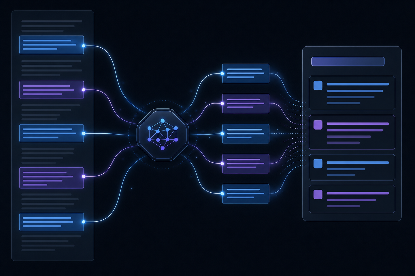 A sleek dark-background technical diagram showing an AI engine breaking a webpage into highlighted passage blocks, with glowing extraction lines pulling short self-contained text chunks from a long document column on the left into a clean structured answer panel on the right, using blues and purples, no text or labels, abstract and modern data visualization aesthetic