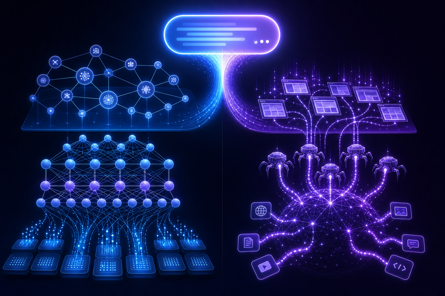 A split-screen abstract visualization showing two distinct data retrieval pipelines side by side. On the left side, a deep neural network architecture with layered nodes and training data flowing upward into a structured knowledge graph, representing stored knowledge retrieval. On the right side, a real-time web crawling visualization with live network connections branching outward, glowing data streams pulling from multiple sources simultaneously. Both pipelines converge at the top into a central glowing answer bubble. Dark background with blue and purple gradient lighting, clean modern tech aesthetic, no text or labels.
