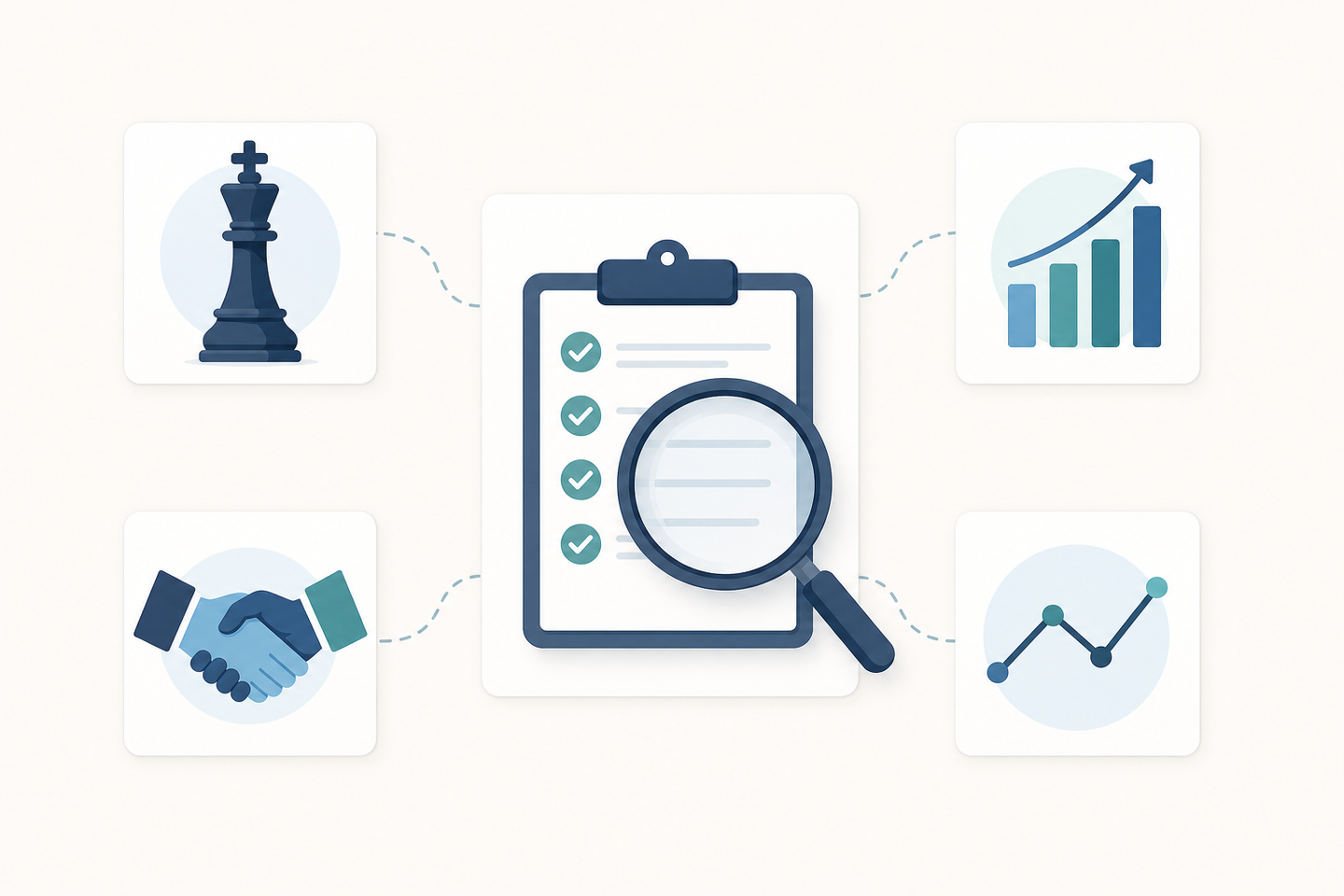 A professional flat-design illustration of a business evaluation process: a magnifying glass examining a checklist on a clipboard, surrounded by icons representing strategy (chess piece), SEO (bar chart rising), reporting (line graph), and a handshake — clean modern style with a muted blue and teal color palette, no text or labels anywhere in the image