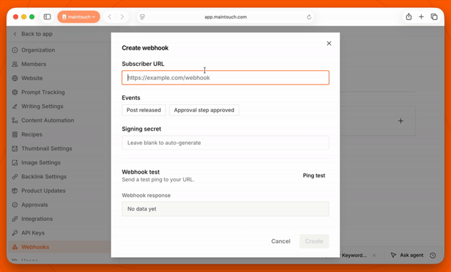 Webhooks firing an automatic publish in Maintouch