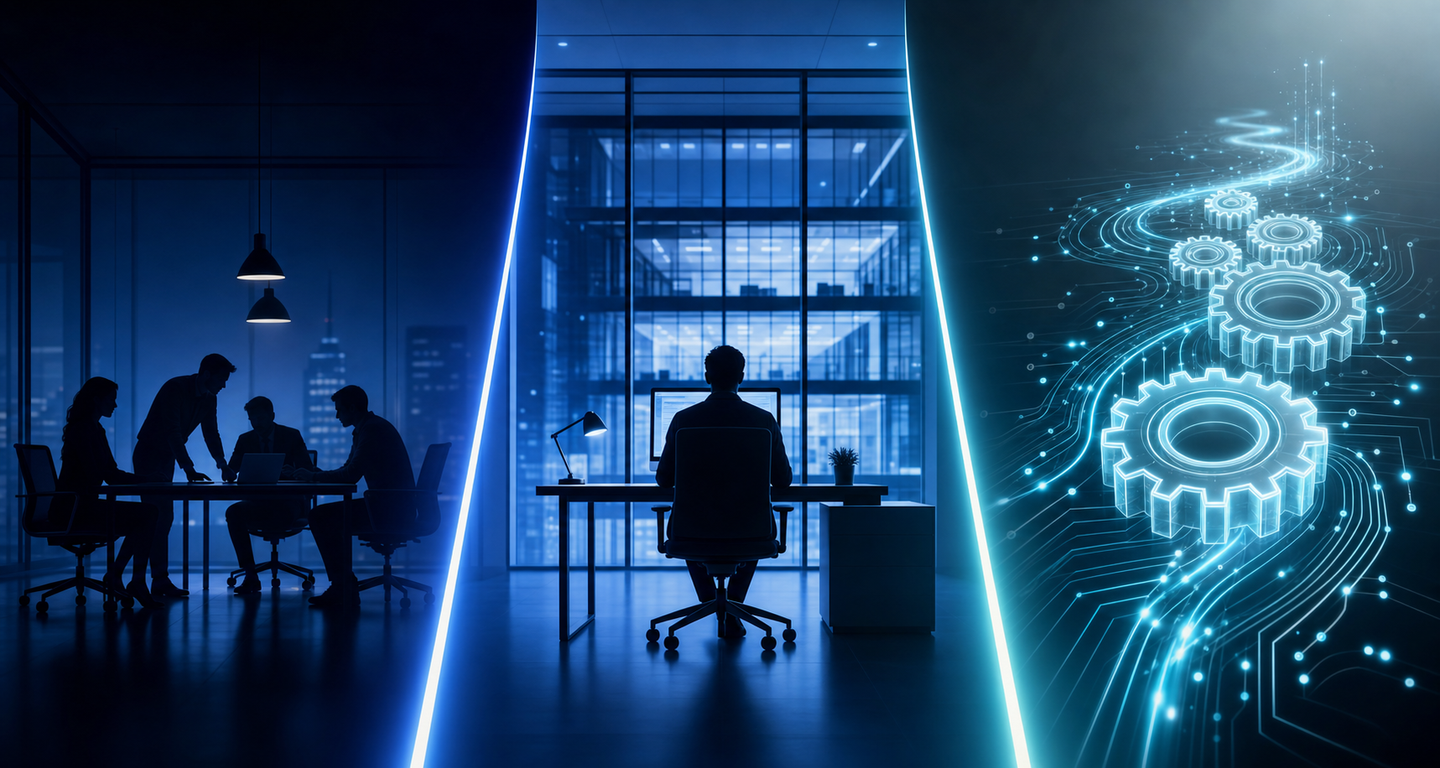 A clean, modern split-screen illustration showing three distinct paths or lanes side by side, representing three different business choices. The left lane contains a group of silhouetted figures working together around a desk, symbolizing an agency team. The center lane shows a single person at a workstation inside a modern office building, representing an in-house employee. The right lane features abstract glowing circuit patterns and automated gears or cogs flowing smoothly, representing automation and software systems. Each lane has a distinct color palette — deep navy blue for the left, electric blue for the center, and luminous cyan-white for the right — set against a dark gradient background. The overall aesthetic is sleek, corporate, and technical with no text, no words, no labels, no letters anywhere in the image.