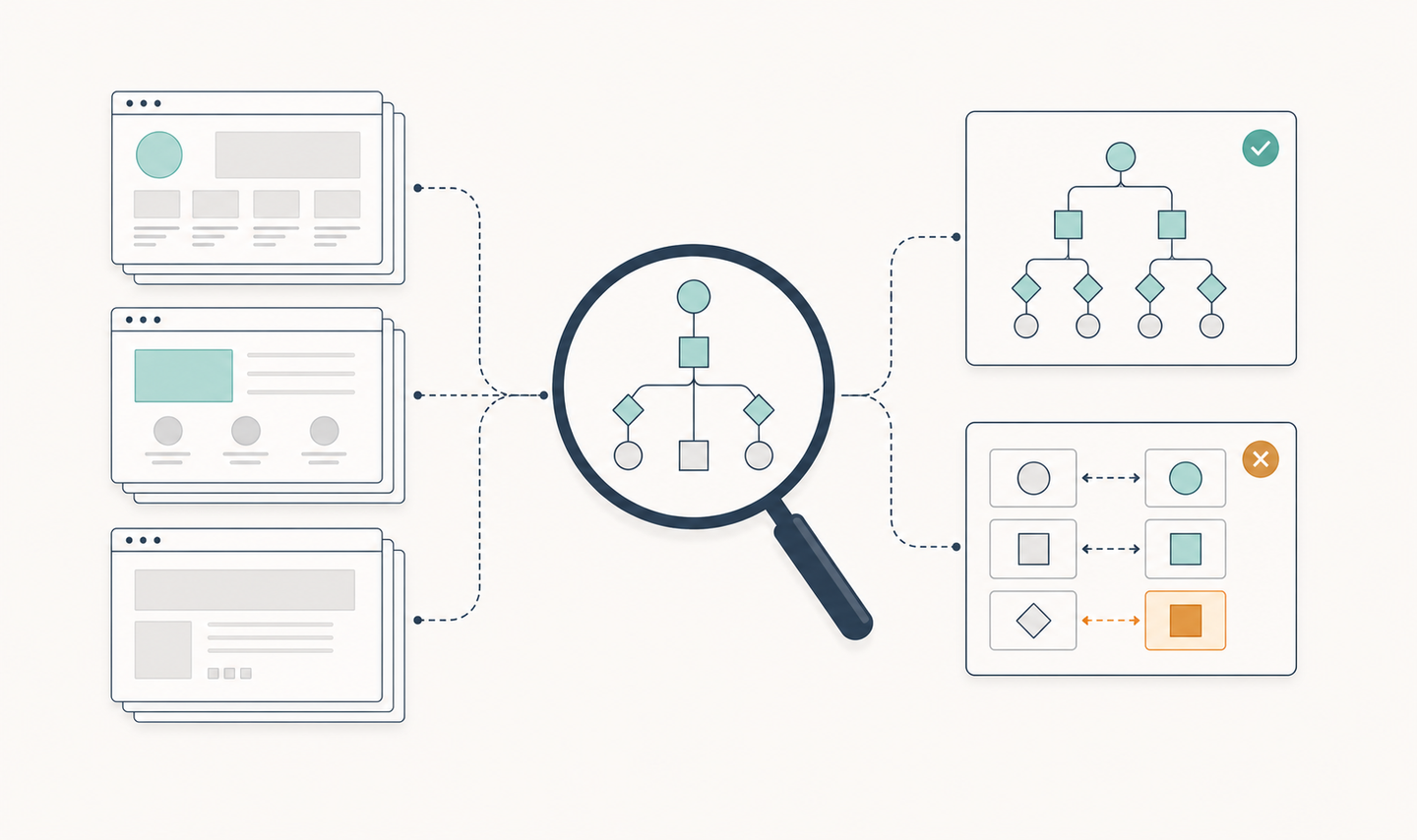 Create a clean editorial vector illustration for a technical blog section about auditing and validating structured data by page template. Wide landscape composition, off-white background, navy outlines with restrained teal and amber accents. Show three small groups of stacked browser-page silhouettes on the left, each group sharing a distinct geometric layout to represent a page template. Thin connectors lead to a large central magnifying glass inspecting a branching arrangement of geometric data nodes. On the right, show two separate inspection trays: one contains neatly connected nodes and a small teal check symbol for structural validity; the other contains paired geometric content tiles being compared, with one mismatched pair highlighted amber to represent checking visible facts against extracted schema values. Use pictorial symbols and abstract geometric shapes only. Professional, precise, spacious flat design, no ranking charts, no citation guarantees. Absolutely no text, words, letters, numbers, code, labels, typography, logos, or watermarks anywhere.