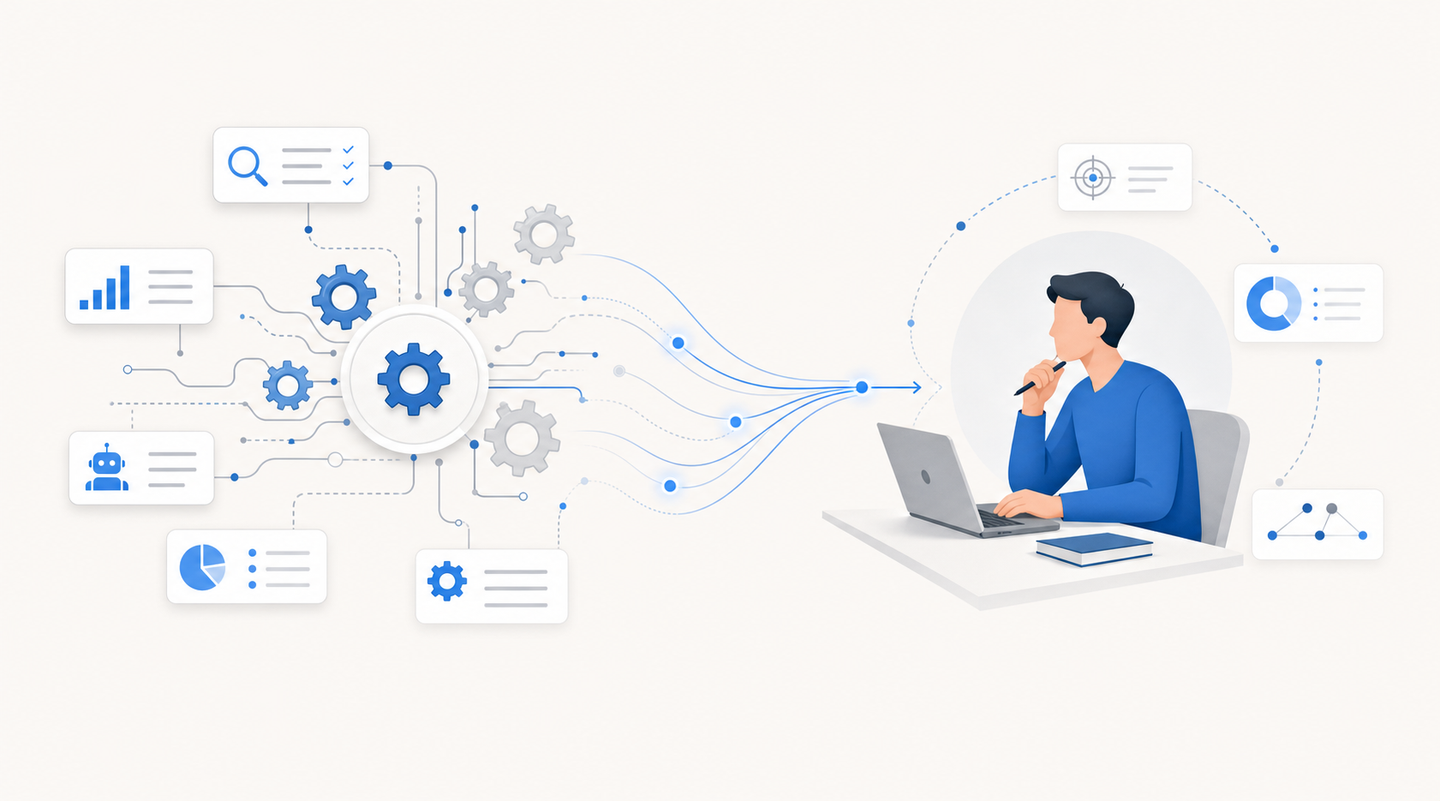 A modern illustration showing automation and human expertise working together: on the left side, mechanical gears and circuits representing software automation handling multiple tasks simultaneously, and on the right side, a single person figure representing strategic guidance and decision-making. The two sides should be connected by flowing lines showing collaboration. Minimalist style, light background, blue and gray colors.