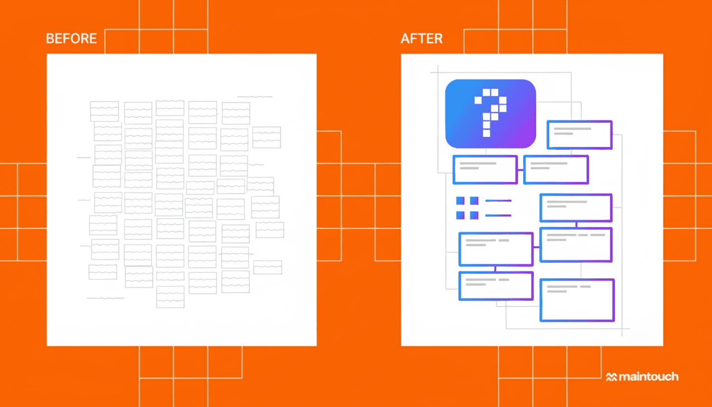 A clean, modern diagram showing content structure optimization with visual representations of short paragraphs, question-based headings, and organized text blocks. Display a before-and-after comparison showing dense text on one side transforming into well-structured, scannable content on the other. Use blue and purple gradients with white space. Show visual hierarchy with heading levels, paragraph blocks, and structured lists in a minimalist infographic style. No text or letters.