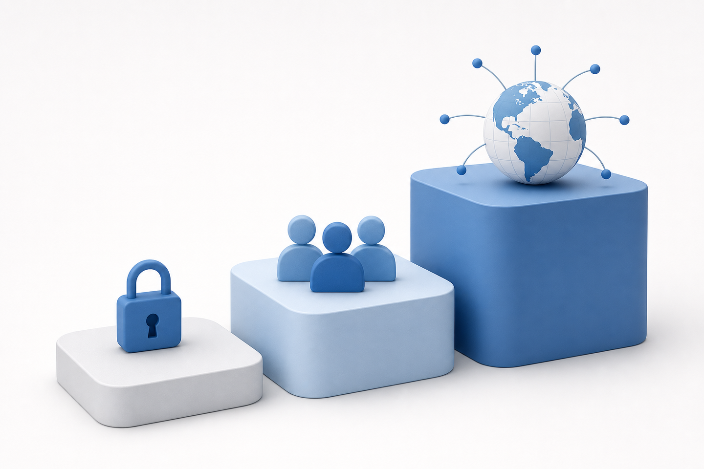 A clean, modern flat illustration of three ascending stepped platforms or tiers, each platform slightly higher and larger than the last, rendered in a professional blue and gray color palette. The first small platform holds a single simple lock icon, the middle platform holds a small group of three people silhouettes, and the tallest platform holds a globe with radiating connection lines. The background is a soft gradient white. No text, no words, no labels anywhere in the image.