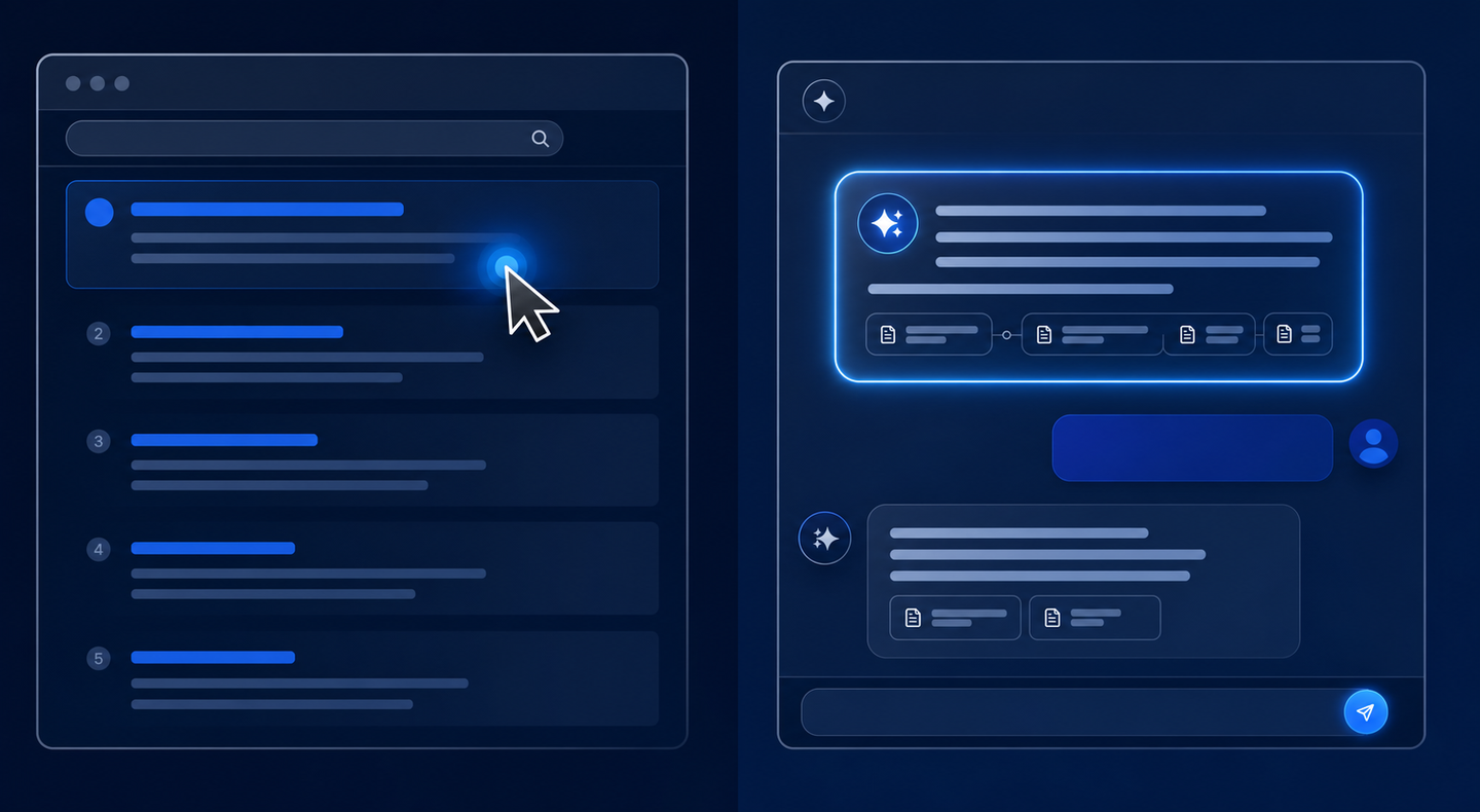 A split-screen illustration showing two distinct digital pathways: on the left, a traditional search engine results page with blue ranked links and a cursor clicking on one, representing SEO; on the right, an AI chat interface with a glowing cited answer bubble and a speech-like response, representing AEO. Clean, modern, minimal design with a dark blue and electric blue color palette, no text or labels anywhere in the image