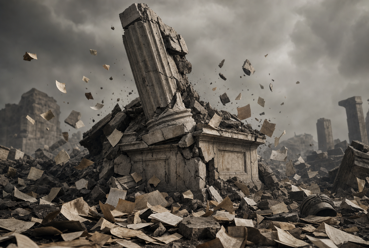 A visual metaphor showing the decay and fall of an old, broken system: a crumbling stone monument or pillar surrounded by scattered papers with random words scattered everywhere, representing spam and keyword stuffing. The scene has a historical, abandoned quality with debris and chaos around the fallen structure. Dark, muted colors suggesting obsolescence and failure. No text or letters visible.
