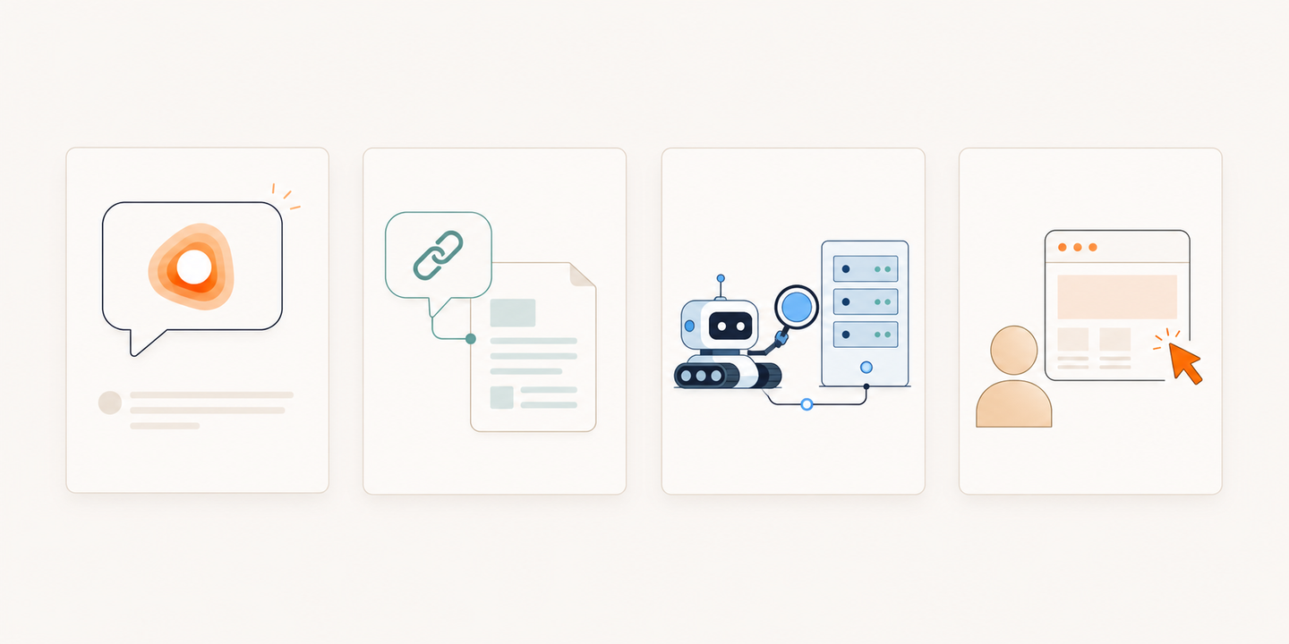 Create a clean editorial illustration for a blog section explaining four distinct AI visibility signals. Wide landscape composition, refined flat vector style, off-white background, navy outlines with teal, blue, and muted amber accents. Arrange four separate equal-sized visual vignettes with generous whitespace: a speech bubble containing a simple abstract brand emblem to represent a brand mention; a speech bubble with a chain-link icon beside a source-document card to represent a linked citation; a small crawler robot inspecting a web server to represent a crawler visit; a human silhouette and mouse cursor clicking into a browser window to represent referral traffic. Keep all four vignettes independent, with no connecting arrows or implied conversion sequence. Use only pictorial icons and geometric shapes. No text, words, letters, numerals, labels, logos, captions, or watermarks anywhere in the image. Professional, restrained, technically clear rather than promotional.