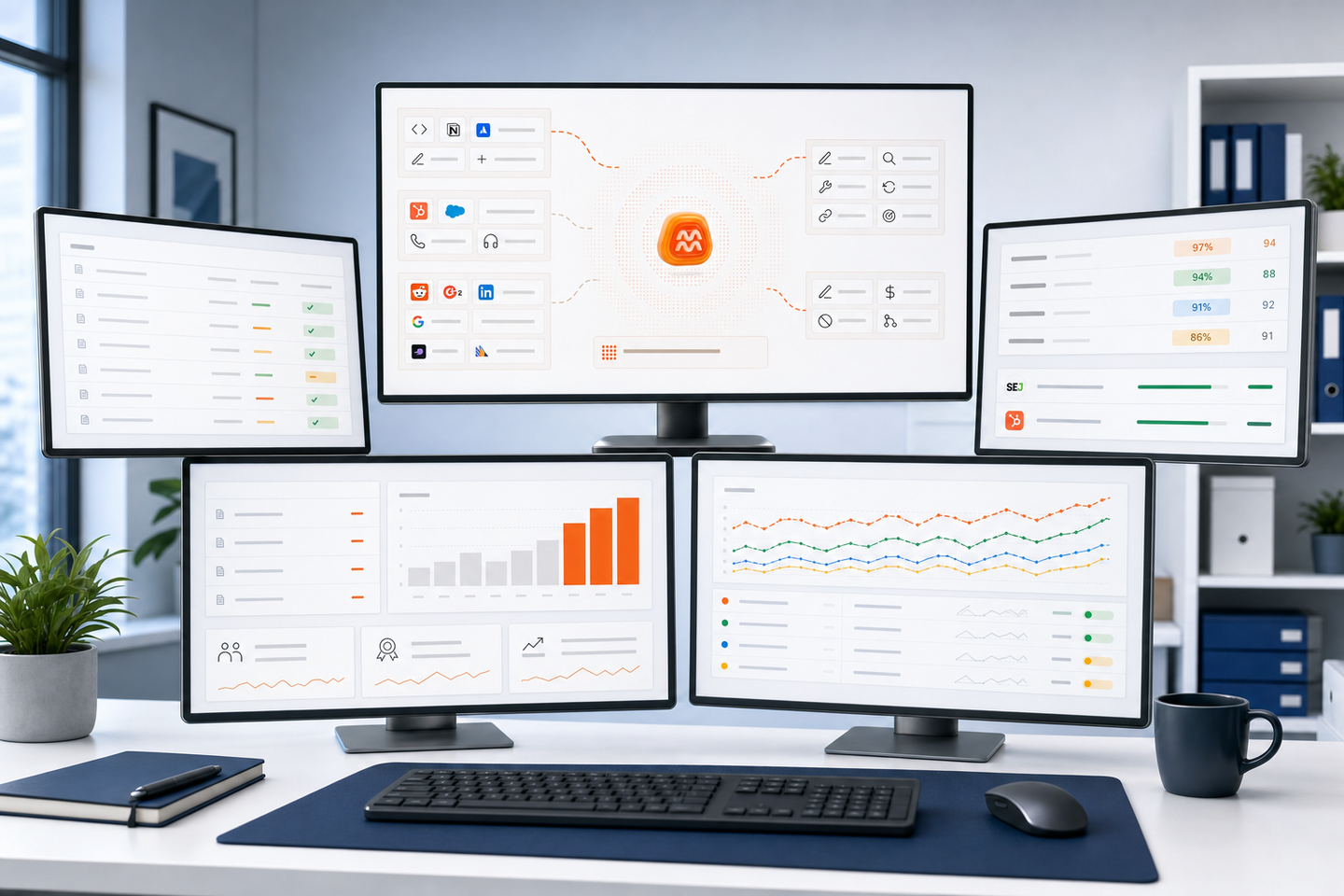 A professional workspace setup showing multiple computer monitors displaying SEO analytics dashboards with competitor comparison charts, ranking graphs, keyword position trackers, and competitive analysis data. Modern office environment with clean design, blue and white color scheme, data visualizations showing ranking trends and competitor metrics across multiple screens. Focus on professional SEO tool interfaces with detailed analytics and performance tracking displays.