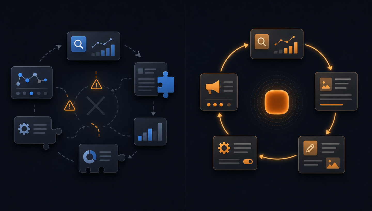 A split illustration showing two contrasting workflows. On the left side, a broken loop with disconnected puzzle pieces, warning symbols, and fragmented arrows representing gaps in a data pipeline. On the right side, a closed circular loop with smooth flowing arrows connecting analysis, content creation, and deployment stages. Dark background with blue and amber accent colors, clean geometric style, no people, no text or labels anywhere in the image.