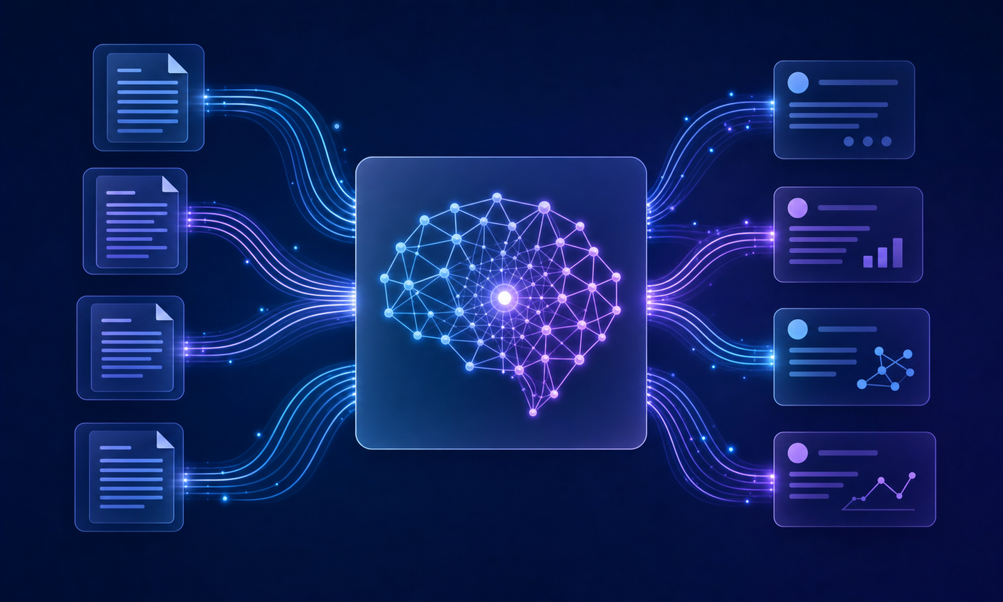 Abstract visualization of AI neural network processing long documents, showing interconnected nodes and pathways with flowing data streams, deep blue and purple gradient background, clean modern technical illustration style, no text or letters