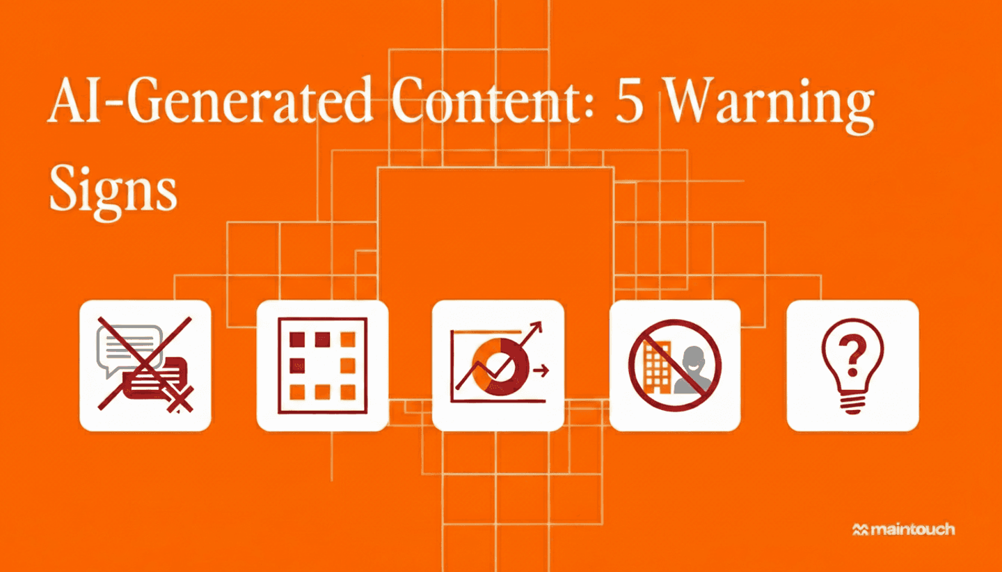 A modern, clean illustration showing five warning signs or red flags of AI-generated content. Visual elements include: generic text bubbles, cookie-cutter templates, missing data charts, bland corporate imagery, and empty insight symbols. Use a professional color scheme with reds and oranges to indicate warnings. Flat design style, business-focused aesthetic.