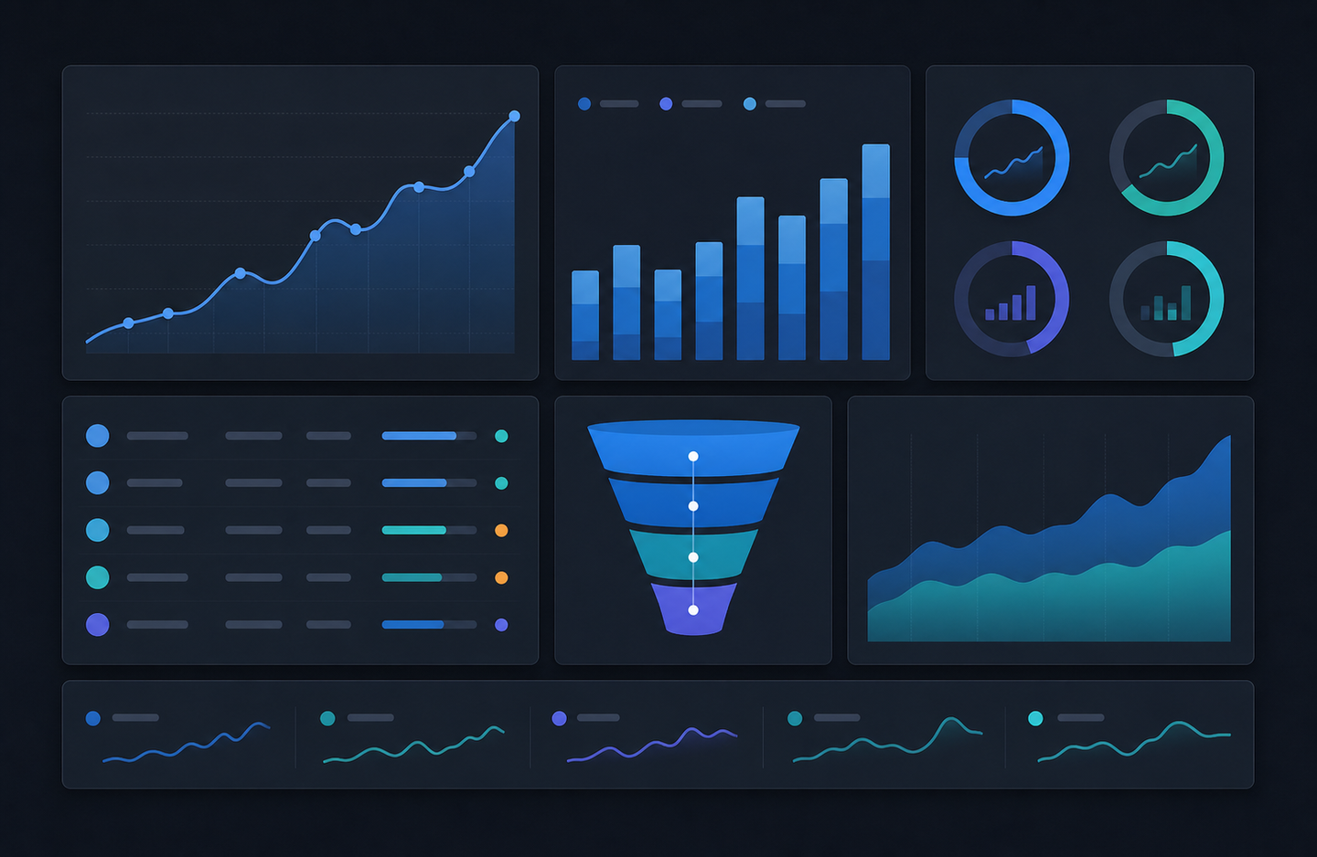 A clean, modern flat-style illustration of a business analytics dashboard showing multiple data visualization panels: a line chart trending upward, bar graphs with varying heights, circular progress indicators, and funnel diagram — all arranged on a dark background with blue and teal accent colors, representing organic traffic metrics, keyword rankings, and conversion data flowing through a structured forecast model