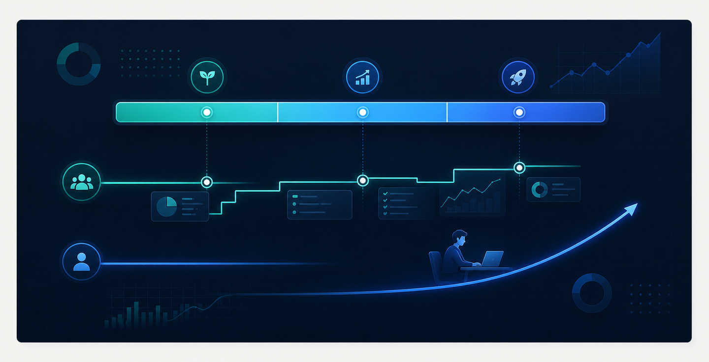 A clean, modern timeline illustration showing a 90-day ramp-up period split into three phases. On the left side, a dark navy background with glowing teal and blue accent lines forming a horizontal progress bar divided into Month 1, Month 2, and Month 3 segments. Below the timeline, two parallel tracks diverge: one track shows a structured staircase with milestone markers representing a methodical agency process, the other track shows a faster-moving upward curve with a single figure at a laptop representing a self-serve execution path. Abstract data visualization elements — circular progress rings, upward-trending graph lines, and subtle grid patterns — float in the background. No text, no words, no letters anywhere in the image.