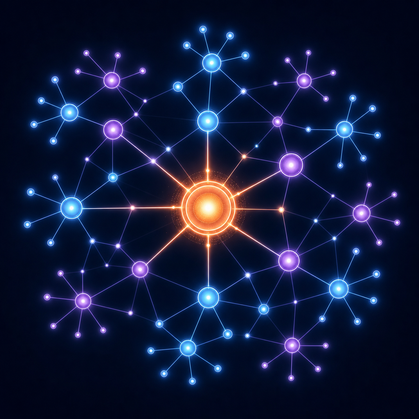 Abstract visualization of a topic cluster content architecture: a central glowing hub node connected by bright radiating lines to multiple surrounding satellite nodes, each satellite further branching into smaller nodes. The network forms a web-like constellation pattern against a deep dark navy background. Nodes glow in blue and purple gradient hues, with larger nodes at the center and progressively smaller ones at the edges. Clean modern tech aesthetic, no text or labels, no words, purely geometric node-and-edge graph structure with soft glow effects and depth.