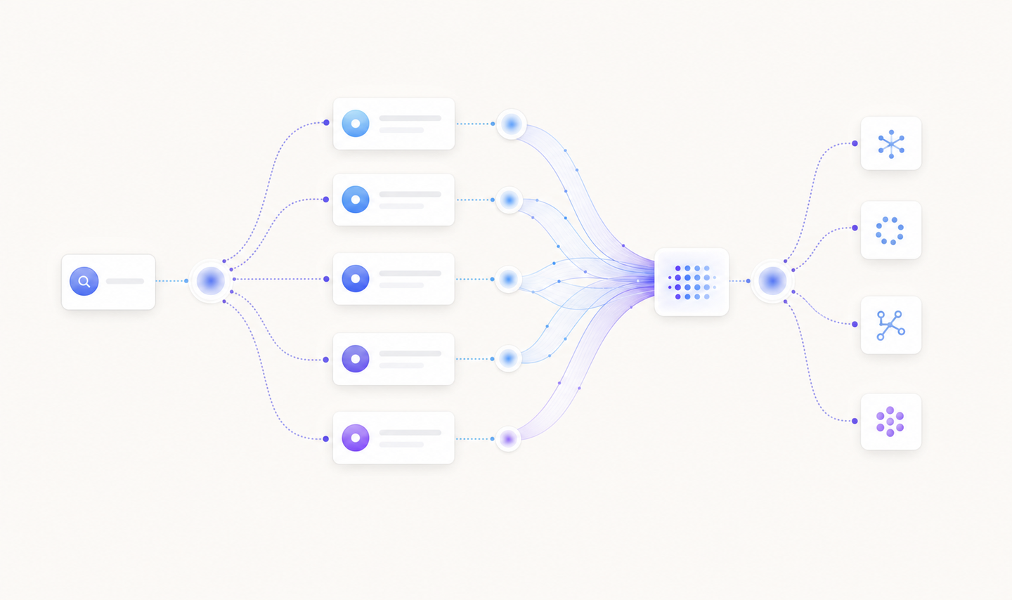 Abstract technical illustration of an AI search engine processing system, showing a single search query branching into multiple parallel sub-queries, with data streams flowing through interconnected nodes, modern minimalist style with blue and purple gradients, no text or letters