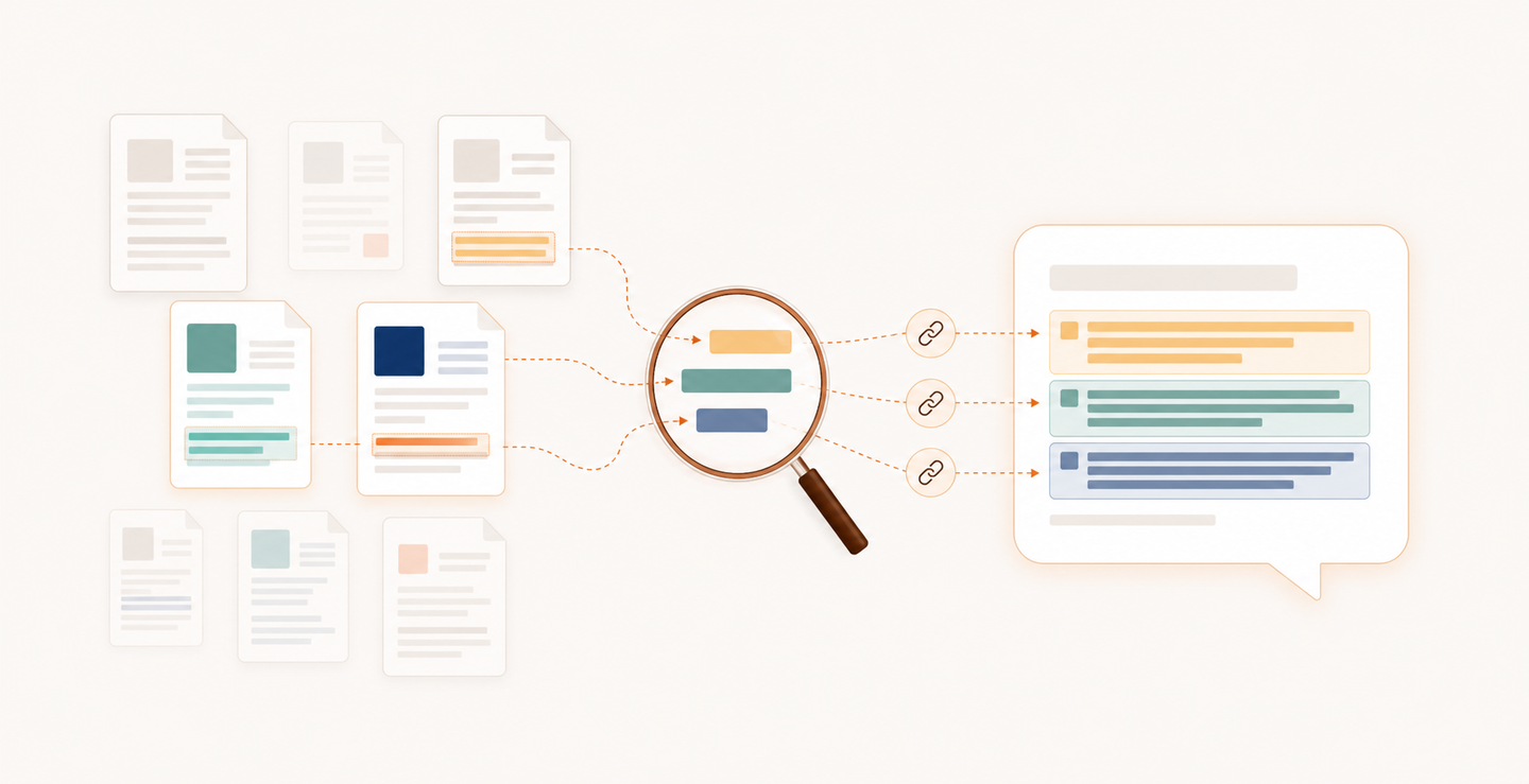 Create a clean editorial illustration showing how AI search retrieves web pages, selects relevant passages, and connects a generated answer to its sources. Wide landscape composition, left-to-right flow: a cluster of document-shaped cards containing only abstract geometric blocks; a magnifying glass selecting colored rectangular fragments from those cards in the center; on the right, the selected fragments assembled inside a large speech bubble, with thin connecting lines and chain-link icons tracing fragments back to the original source cards. Some unselected cards remain muted in the background to show selection rather than inclusion of everything. Restrained navy, teal, and warm amber palette on an off-white background, crisp vector-like shapes, generous negative space, professional technical editorial style. Entire image must be purely visual: no text, words, letters, numerals, labels, typography, logos, or watermarks.