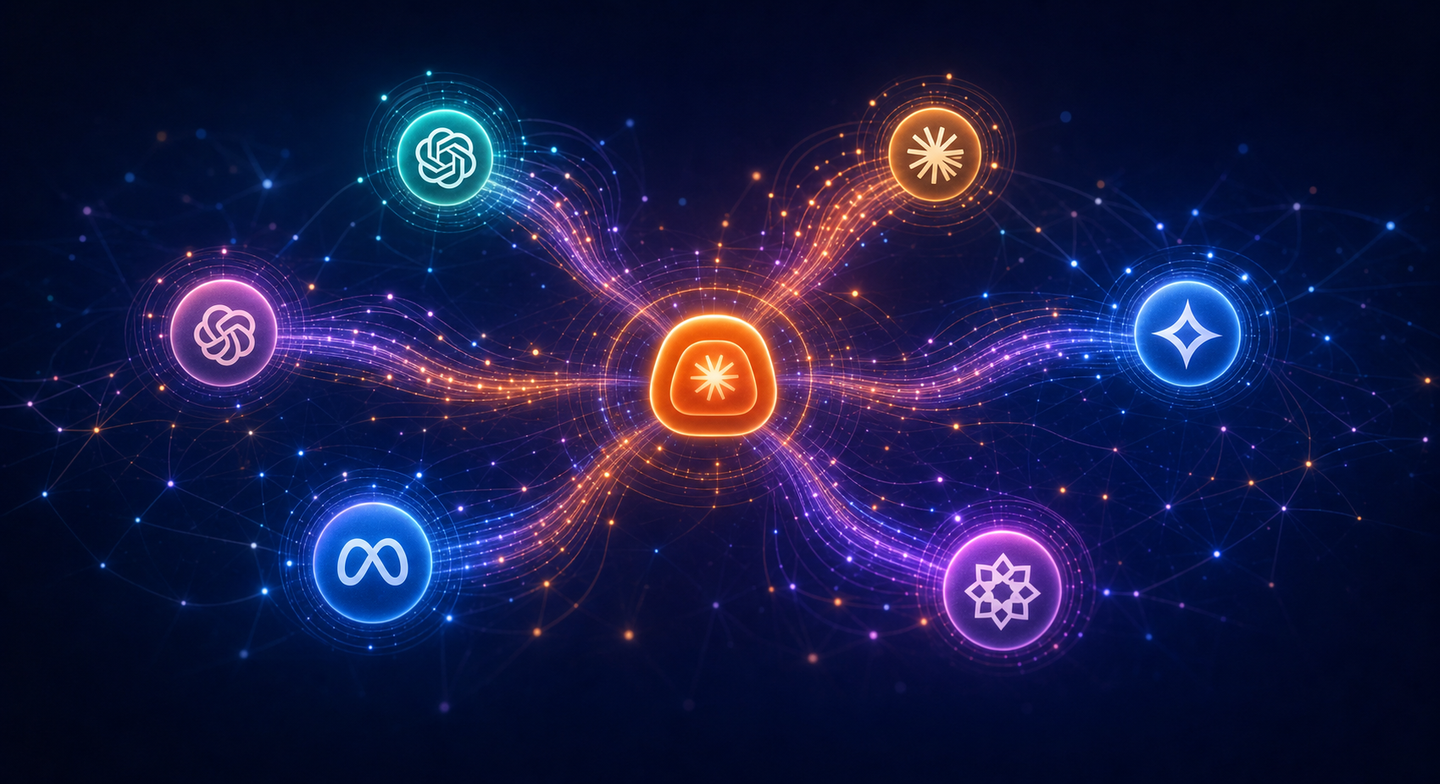 A futuristic digital dashboard showing multiple glowing AI engine icons — representing different large language models — connected by luminous data streams and network nodes, abstract visualization of citation signals flowing between sources, deep dark blue and purple background with neon accent highlights, clean minimal tech aesthetic, no people, no text, no letters, no numbers