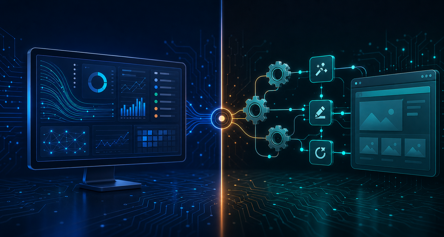 A split visual concept showing two distinct paths: on the left, a glowing dashboard monitor displaying flowing data streams and citation metrics with no output beyond the screen, representing a pure monitoring system; on the right, a connected pipeline of gears and automated workflow nodes pushing data into a content management system, representing active execution — both sides connected by a central dividing line, dark background with deep blue and teal accents, circuit-board aesthetic, geometric and abstract, no text or labels