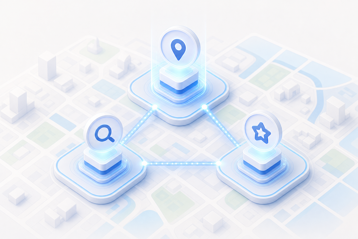 A clean isometric illustration showing three interconnected signal towers or nodes representing geographic search ranking factors — one glowing node labeled with a location pin for proximity, one with a magnifying glass for relevance, and one with a star badge for prominence — all connected by glowing data lines over a stylized city map grid, soft blue and white color palette, modern flat design, no text or letters anywhere